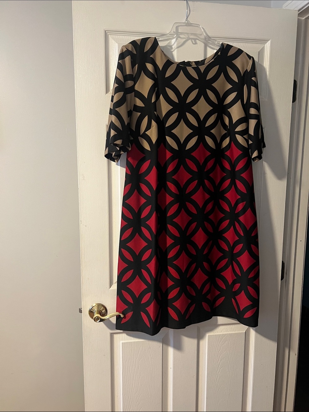 Dress Barn Red, Beige and Black Graphic Shift Dress